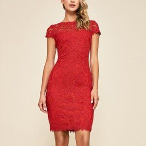 Tadashi Shoji Custom Lace Illusion Flame Red Sheath Dress size 8